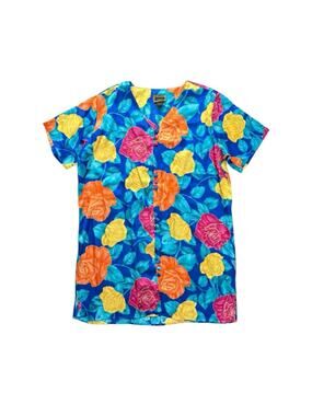 Vintage 90s Solange Satin Floral Button Front House Dress Blue Rose Print 14/16